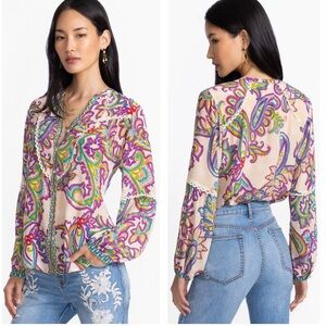 Johnny Was Women’s Noellie Silk Paisley Print Button Down Long Sleeve Blouse Top